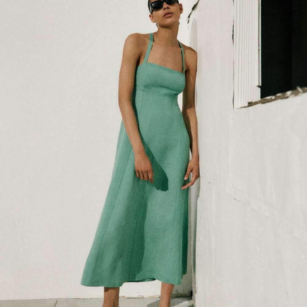 Sleek Sage Green Halter Midi Dress